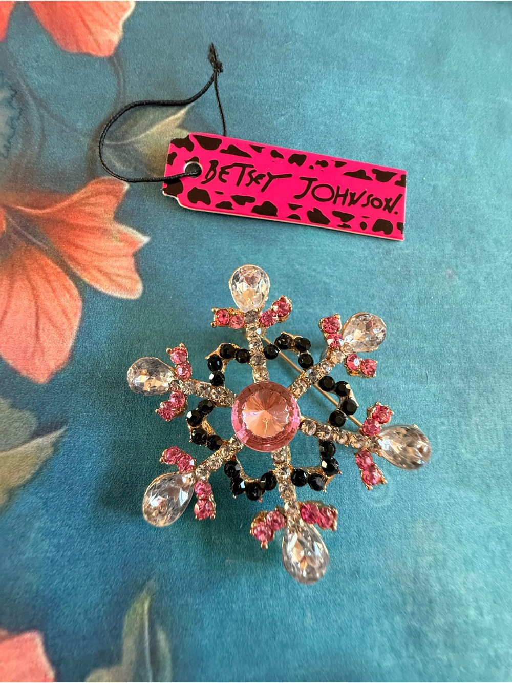 Betsey Johnson Pink, Black & Clear Crystal Snowflake Brooch